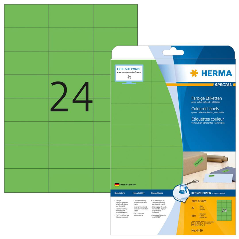 Herma coloured labels a4, 70 x 37 mm, green, removable .480 labels / 20 sheets, , medium-null