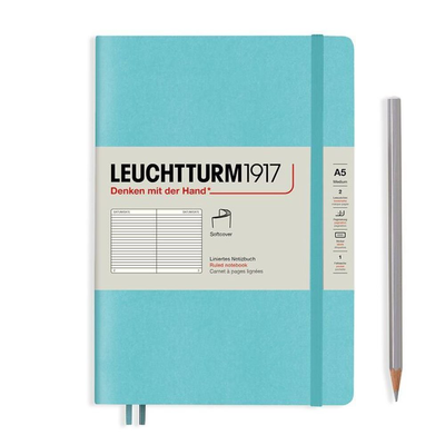 Notebook medium (a5), softcover, 123 numbered pages, aquamarine, ruled