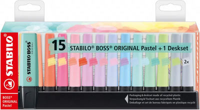 Highlighter stabilo boss original pastel desk set with 15 pieces, all 14 colors including 2 pieces of dusty grey, , medium