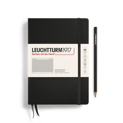 Notebook medium (a5), hardcover, 251 numbered pages, black, squared