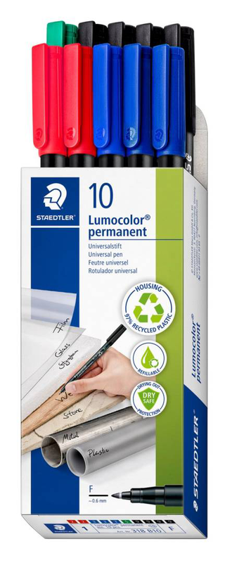 Staedtler lumocolor permanent pen 318 / ten count box containing 10 lumocolor permanent in 4 assorted colours, , medium-null