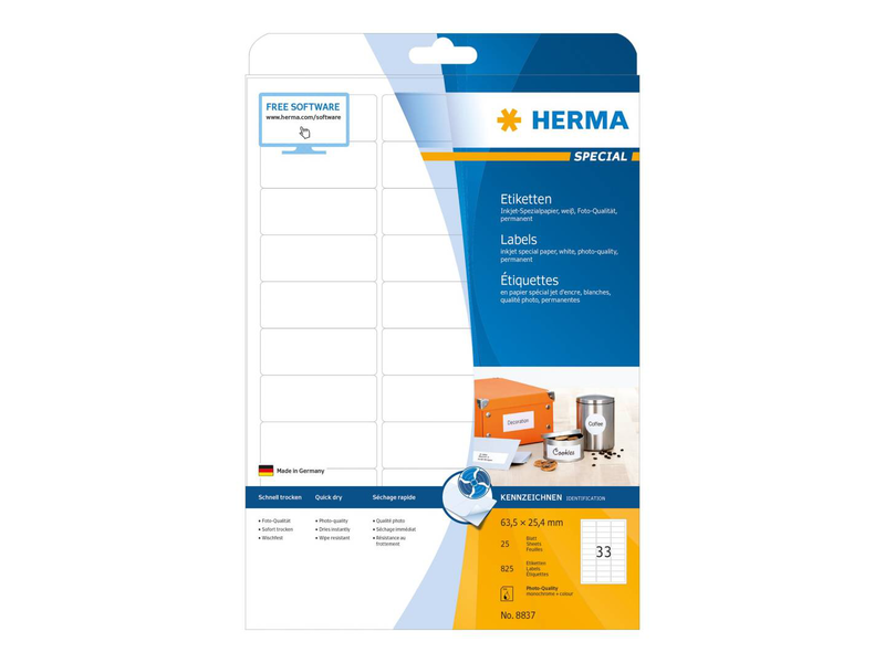 Herma inkjet labels a4, 63,5 x 25,4 mm, white, permanent adhesion / 825 labels / 25 sheets, , medium-null
