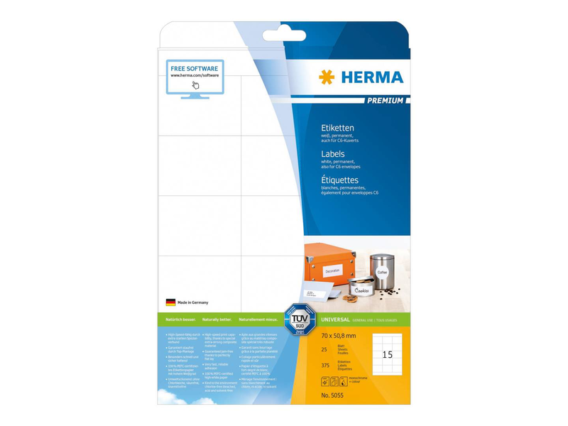 Herma premium labels a4, 70 x 50,8 mm, white, permanent adhesion / 375 labels / 25 sheets, , medium-null