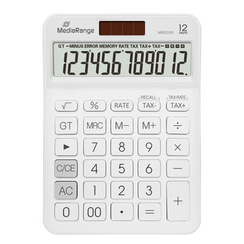 Mediarange calculator with tax function, 12-digit lcd, solar and battery powered, , medium-null