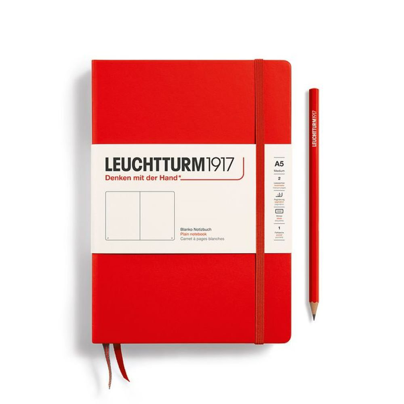 Notebook medium (a5), hardcover, 251 numbered pages, red, ruled, , medium-null
