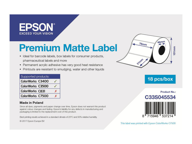 Epson premium matte die-cut labels 76 x 51 mm, 650 labels/roll-null