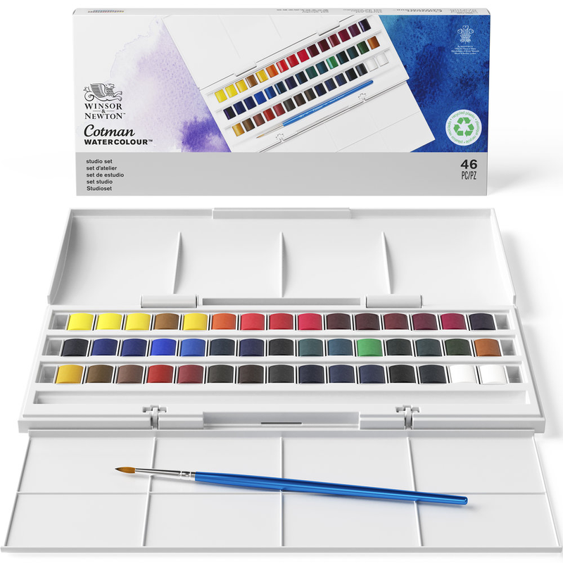 Winsor & newton cotman watercolor paint set, studio set, 45 half pan w/ brush, , medium-null