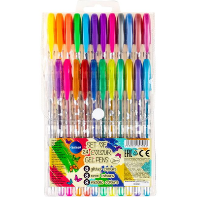Set of 24 colours gel pens 1.0mm metallic &glitter &neon (refillable) /pvc bag, , medium