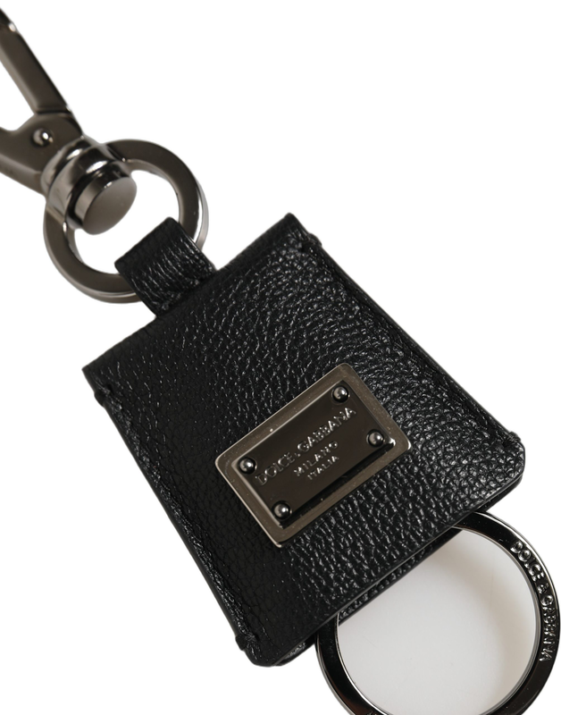 Black dauphine leather silver metal logo plaque keyring-null