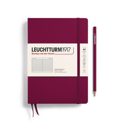 Notebook medium (a5), hardcover, 251 numbered pages, port red, ruled