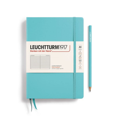Notebook medium (a5), hardcover, 251 numbered pages, aquamarine, ruled