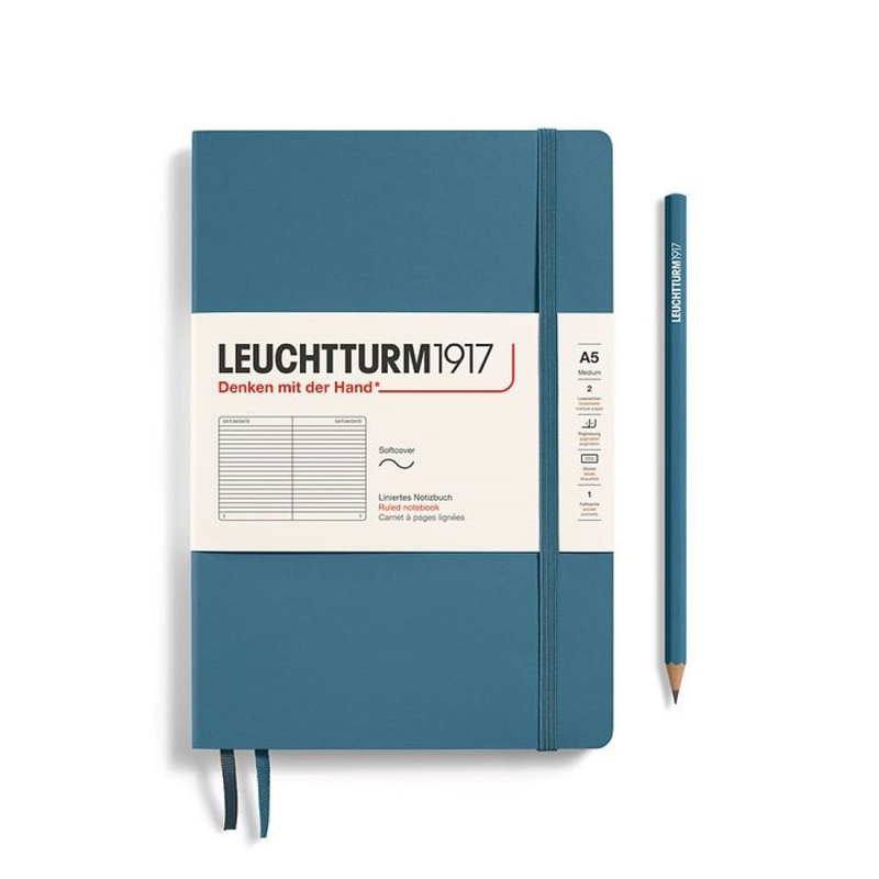 Notebook medium (a5), softcover, 123 numbered pages, stone blue, ruled, , medium-null