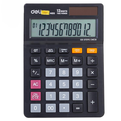 Deli desk calculator plastic-12 digits 120 steps check - black
