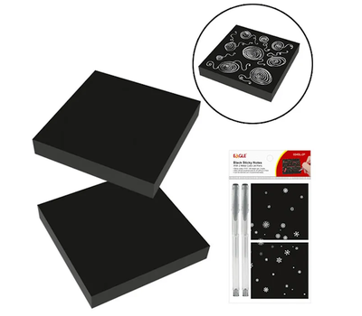 Sticky notes eagle 75×75 – 200 sheets black  with 2 silver pens, , medium