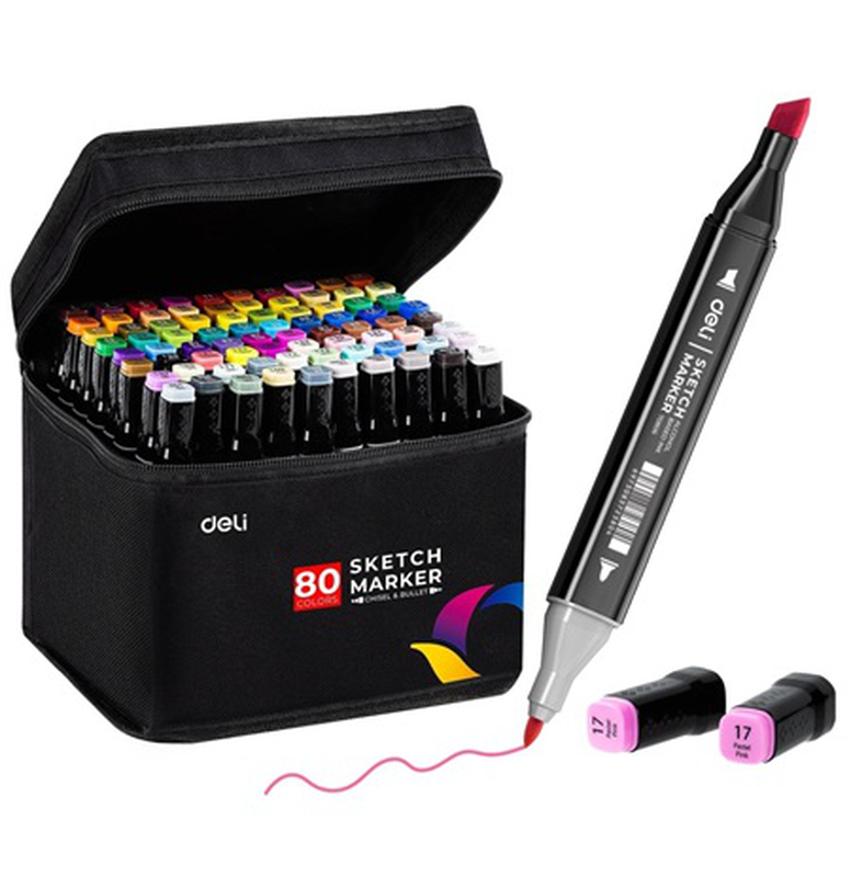Deli twin sketch markers 80 colours bag set, , medium-null