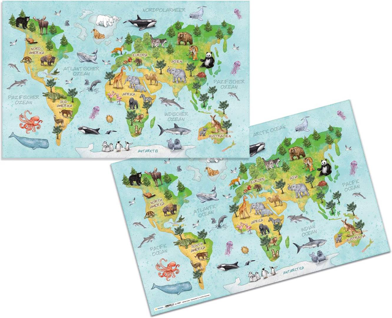 Herma desk mats nursery world map, pack of 3, wipe-clean children's writing mats made of cardboard, 55 x 35 cm, double-sided motif table mat set, , medium-null