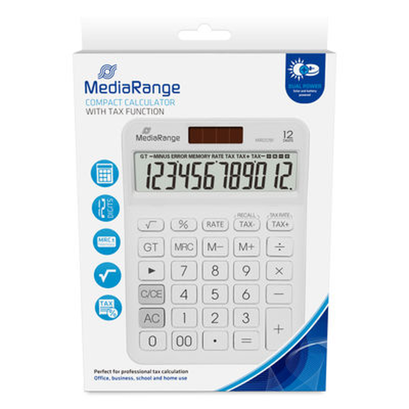 Mediarange calculator with tax function, 12-digit lcd, solar and battery powered, , medium-null