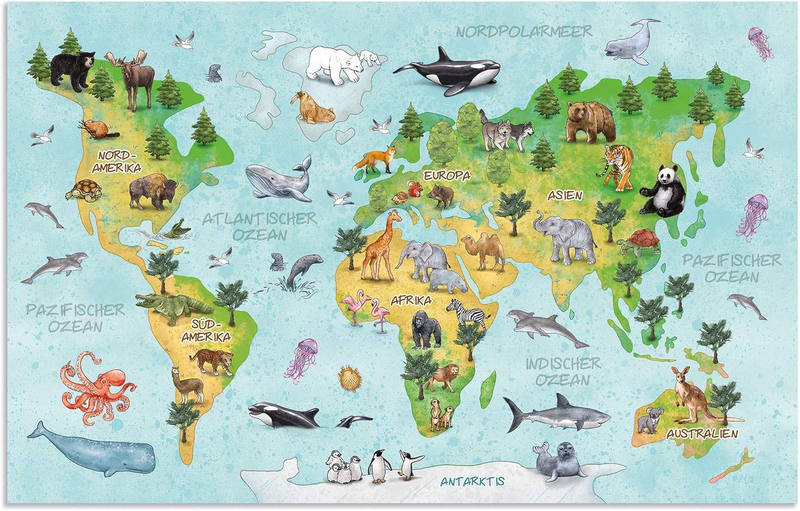 Herma desk mats nursery world map, pack of 3, wipe-clean children's writing mats made of cardboard, 55 x 35 cm, double-sided motif table mat set, , medium-null