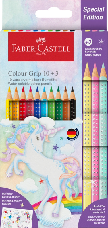 Faber-castell color grip 10+3 sparkle pastel pencils and unicorn stickers: add a dash of magic to your artistic creations, , medium-null
