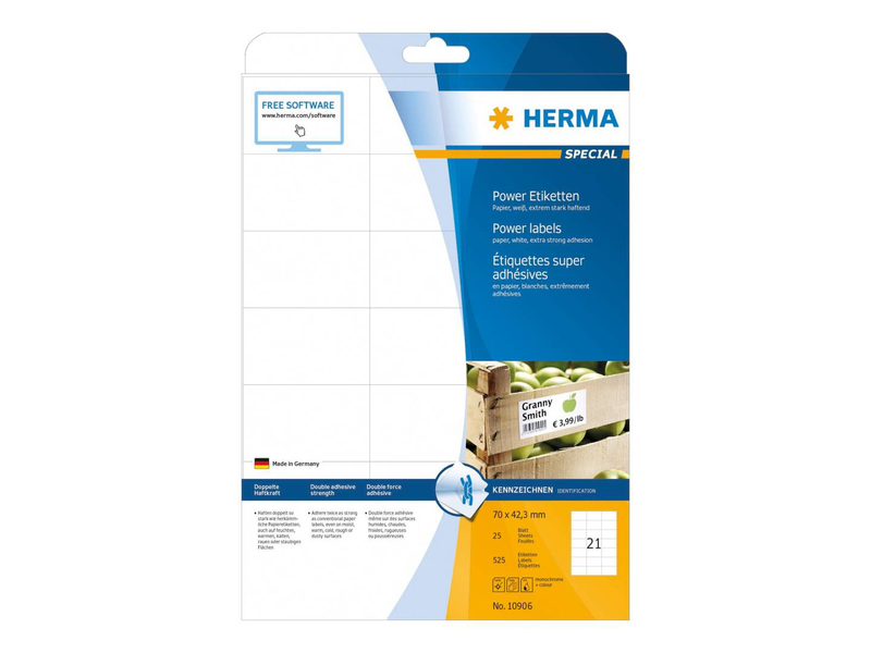 Herma power labels, with strong adhesion a4, 70 x 42,3 mm, made of paper / 525 labels / 25 sheets, , medium-null