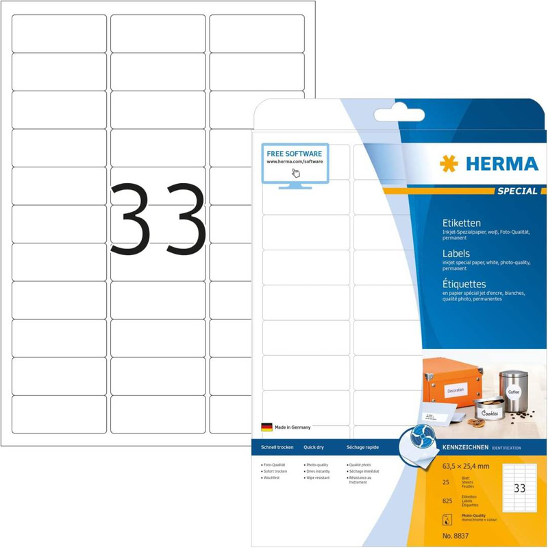 Herma inkjet labels a4, 63,5 x 25,4 mm, white, permanent adhesion / 825 labels / 25 sheets, , medium-null