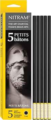 Nitram fine art charcoal 6mm small soft round sticks 5-pack