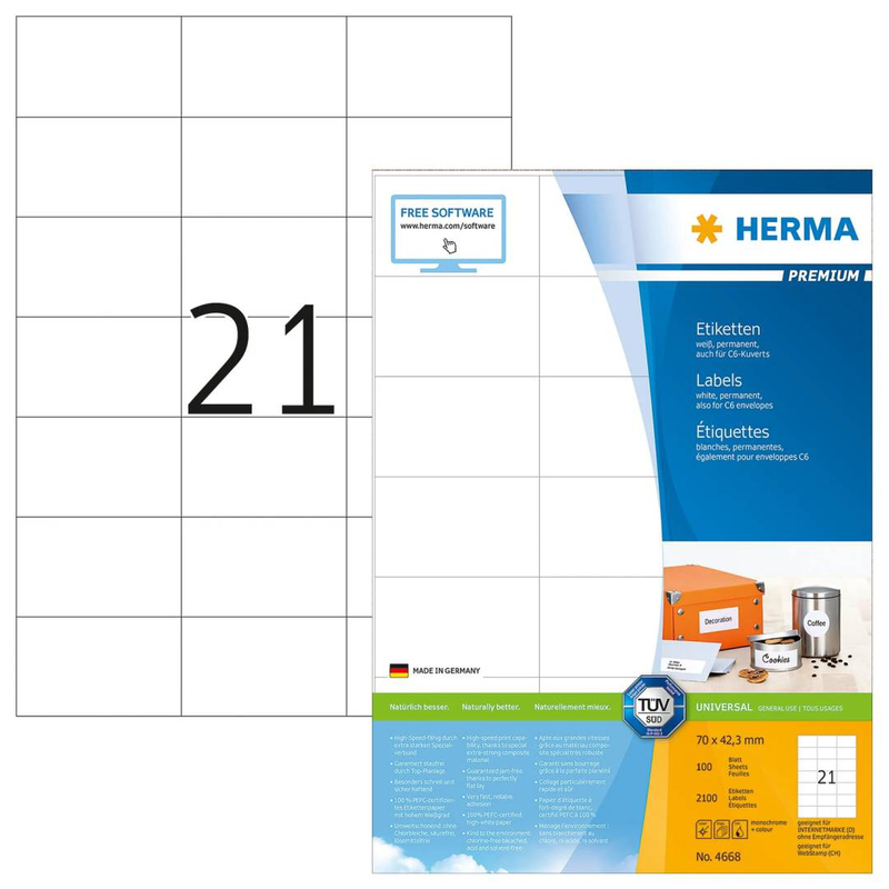 Herma premium labels a4, 70 x 42,3 mm, white, permanent adhesion / 2100 labels / 100 sheets, , medium-null
