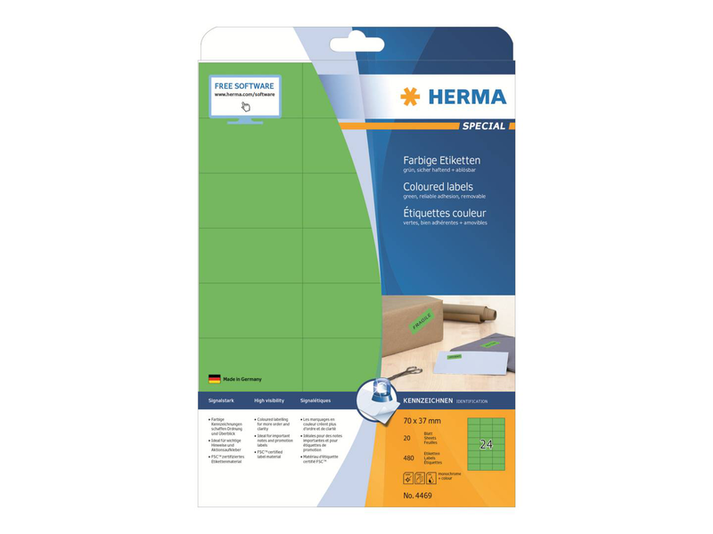 Herma coloured labels a4, 70 x 37 mm, green, removable .480 labels / 20 sheets, , medium-null
