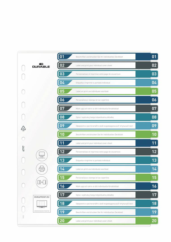 Durable 679727 / blank tab index / polypropylene (pp) / multicolour / portrait / a4+ / 0.27 mm / 20 part. 1-20 with coloured tabs and transparent cover sheet pp, , medium-null