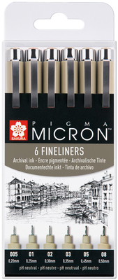 Sakura pigma micron pen set - black - assorted tip sizes (pack of 6) - new, , medium