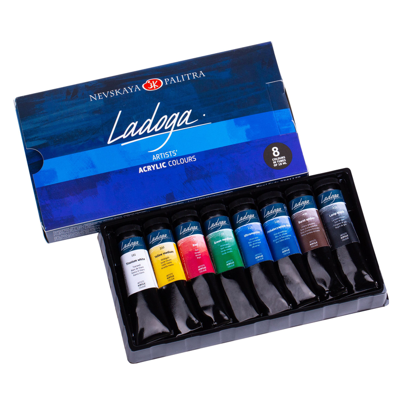 Acrylic artists’ col, set “ladoga” 8 col, in 18 ml tubes, cardboard box, , medium-null