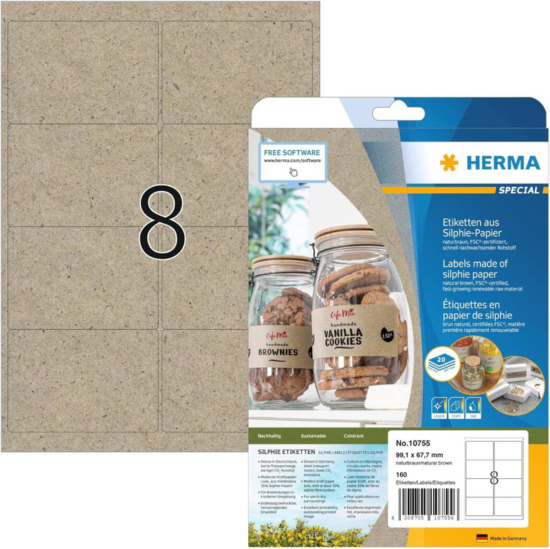 Herma labels made of silphie paper a4, 99,1 x 67,7 mm, natural-brown, permanent adhesion / 160 labels / 20 sheets, , medium-null