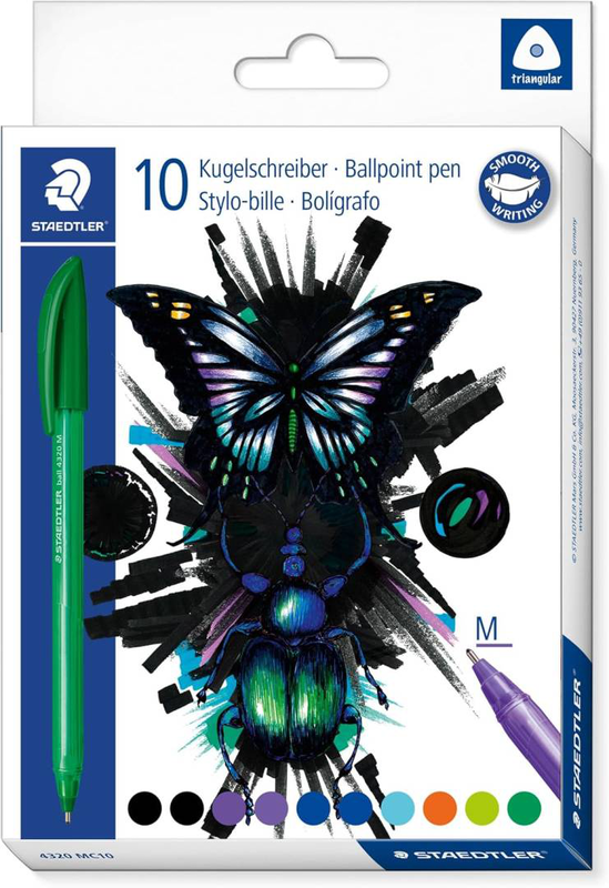 Staedtler triangular stick ballpoint pen cool & cute line width m approx. 1.00 mm for relaxed writing 10 ballpoint pens in assorted colours in cardboard case, , medium-null