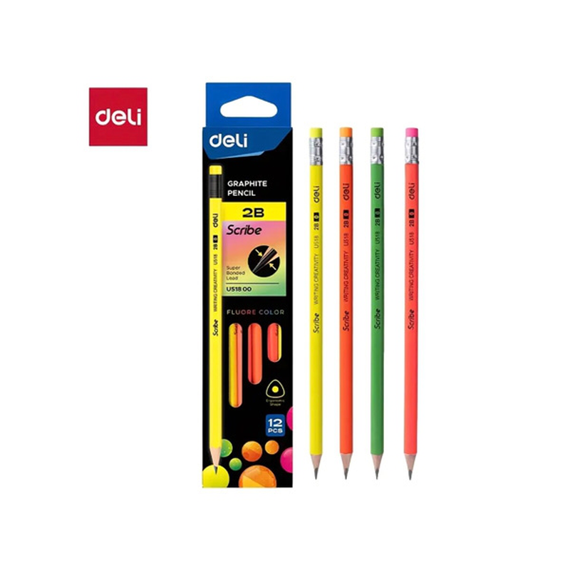 Σετ 12 μολύβια με σβηστήρια 2b fluore – deli, , medium-null