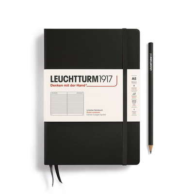 Notebook medium (a5), hardcover, 251 numbered pages, black, ruled