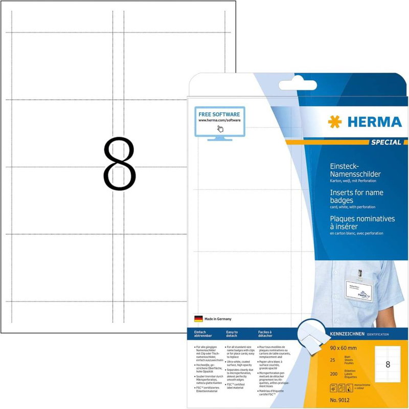 Herma inserts for name badges a4, 90 x 60 mm, white, made of cardboard, non-adhesive / 200 labels / 25 sheets, , medium-null