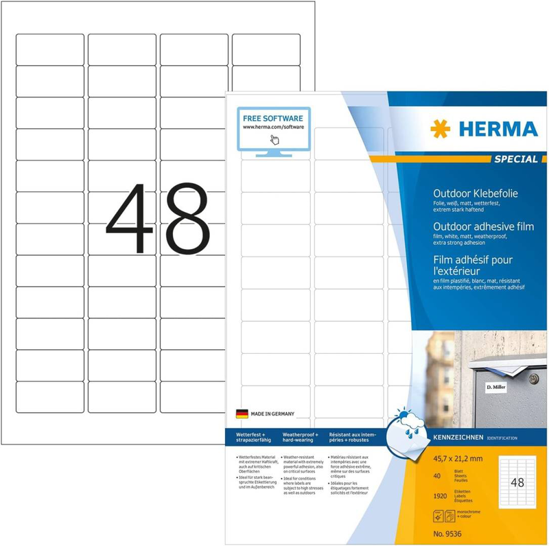 Herma weatherproof outdoor film labels a4, 45,7 x 21,2 mm, white, extremely strong adhesion, stretchable / 1920 labels / 40 sheets, , medium-null