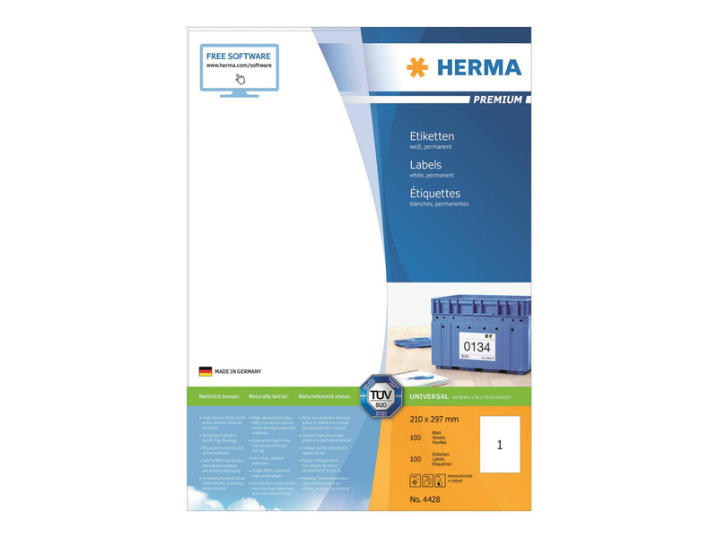Herma premium paper matte permanent self-adhesive / white / a4 (210 x 297 mm) 100 label(s) (100 sheet(s) x 1) laminated labels, , medium-null
