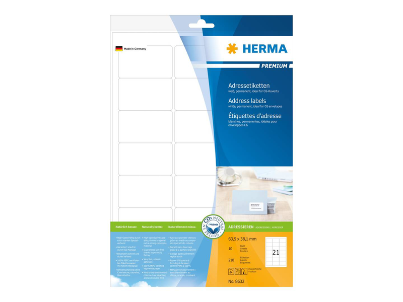 Herma premium address labels a4, 63,5 x 38,1 mm, white, permanent adhesion / 210 labels / 10 sheets, , medium-null