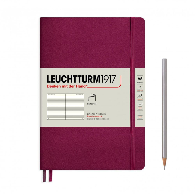 Notebook medium (a5), softcover, 123 numbered pages, port red, ruled, , medium image number null