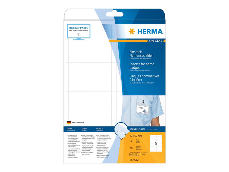 Herma inserts for name badges a4, 90 x 60 mm, white, made of cardboard, non-adhesive / 200 labels / 25 sheets, , medium-null