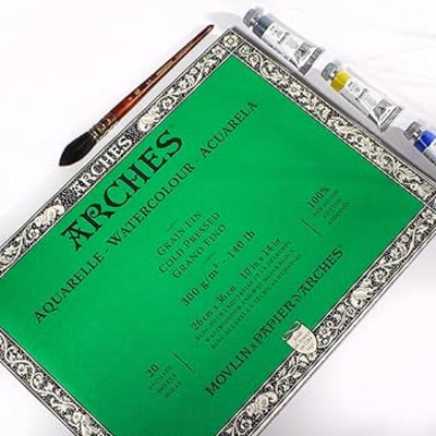 Arches watercolor block 10x14-inch natural white 100% cotton paper - 20 sheets of arches watercolor paper 140 lb cold press - arches art paper for watercolor gouache ink acrylic and, , medium