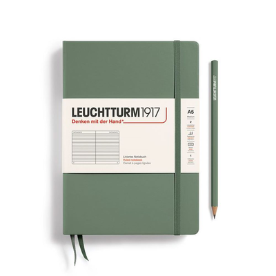 Notebook medium (a5), hardcover, 251 numbered pages, olive, ruled