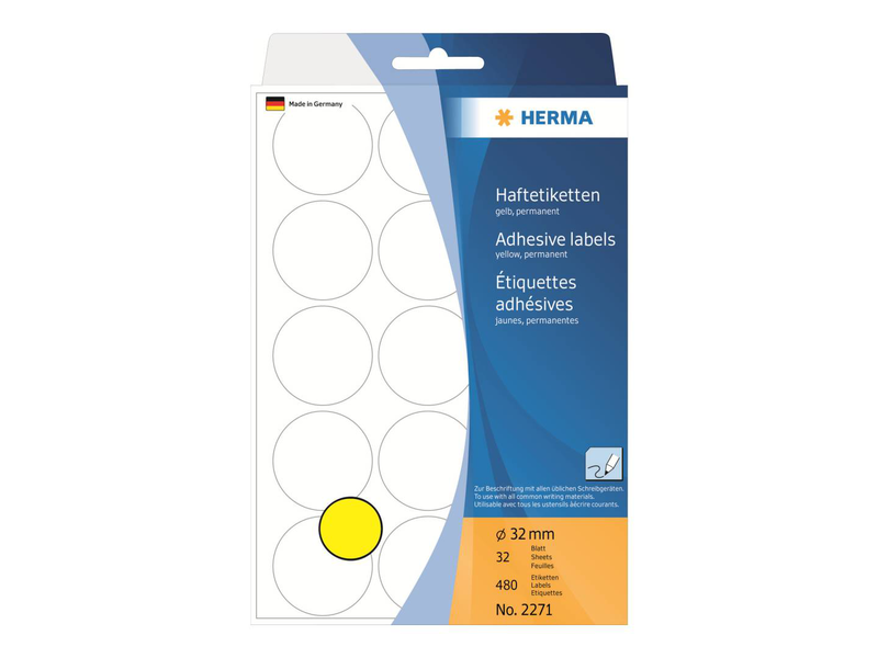 Herma paper permanent self-adhesive / yellow / 32 mm round 480 label(s) (32 sheet(s) x 15) round labels, , medium-null
