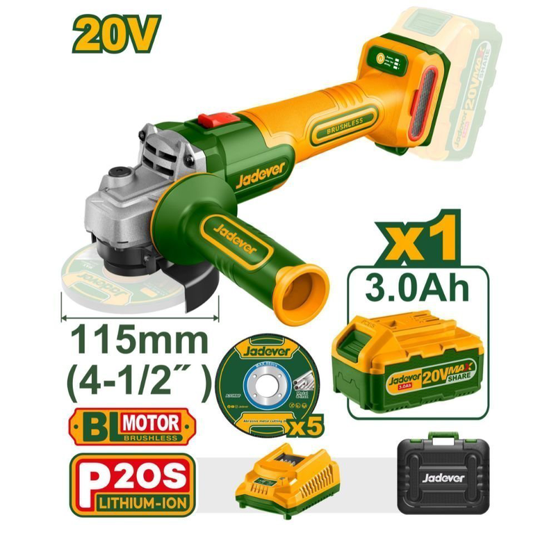 Product image: Jadever σετ γωνιακός τροχός μπαταρίας 20v με κινητήρα χωρίς ψήκτρες με 5 δίσκους, 1 φορτιστή και 1 μπαταρία 3.0ah, , medium-null