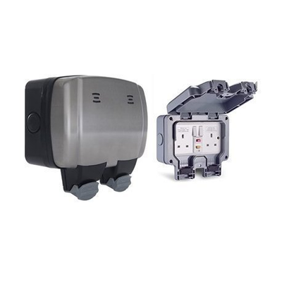 Double switched 13a outdoor socket brushed steel, , medium