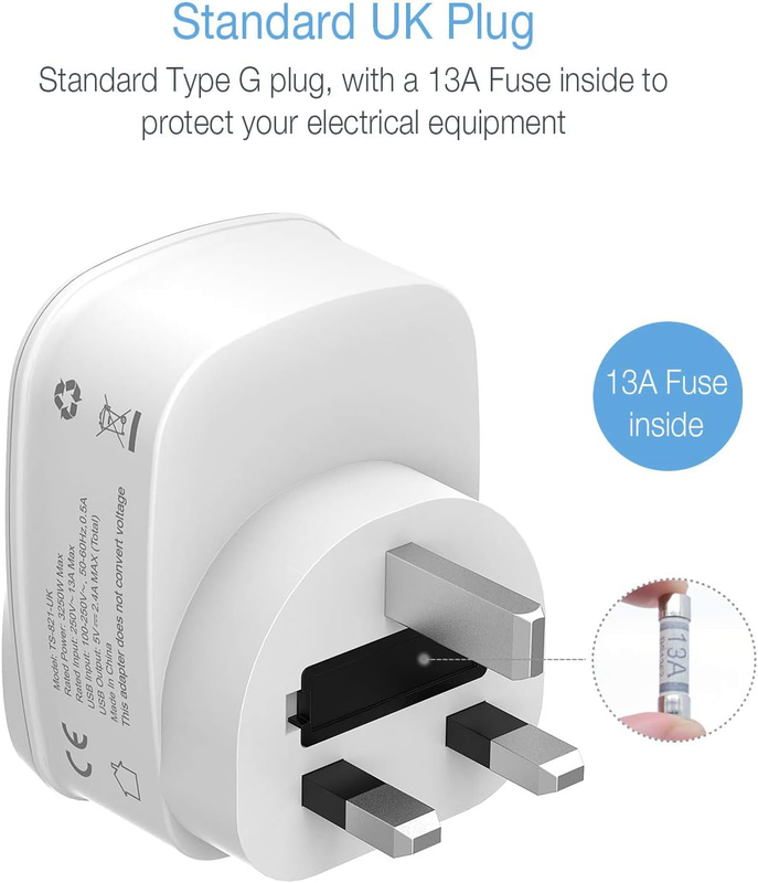 Tessan gang plug through uk charger 2 USB a 13a ts-821-uk, , medium-null