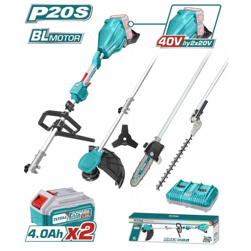 Product image: Total σετ επαγγελματικό πολυμηχάνημα κήπου μπαταρίας 40v 4 σε 1 χορτοκοπτικό, θαμνοκοπτικό, κονταροπρίονο & μπορντουροψάλιδο, , medium-null