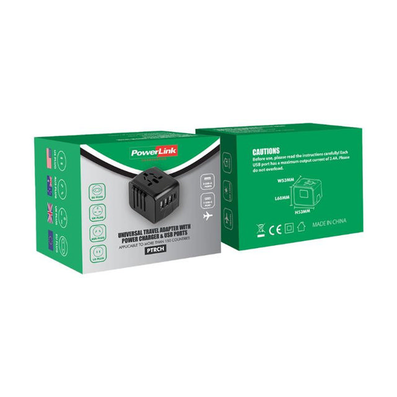 Powerlink universal travel adapter eu/uk/us/aus with power charger USB-c & USB-a ports - black, , medium-null