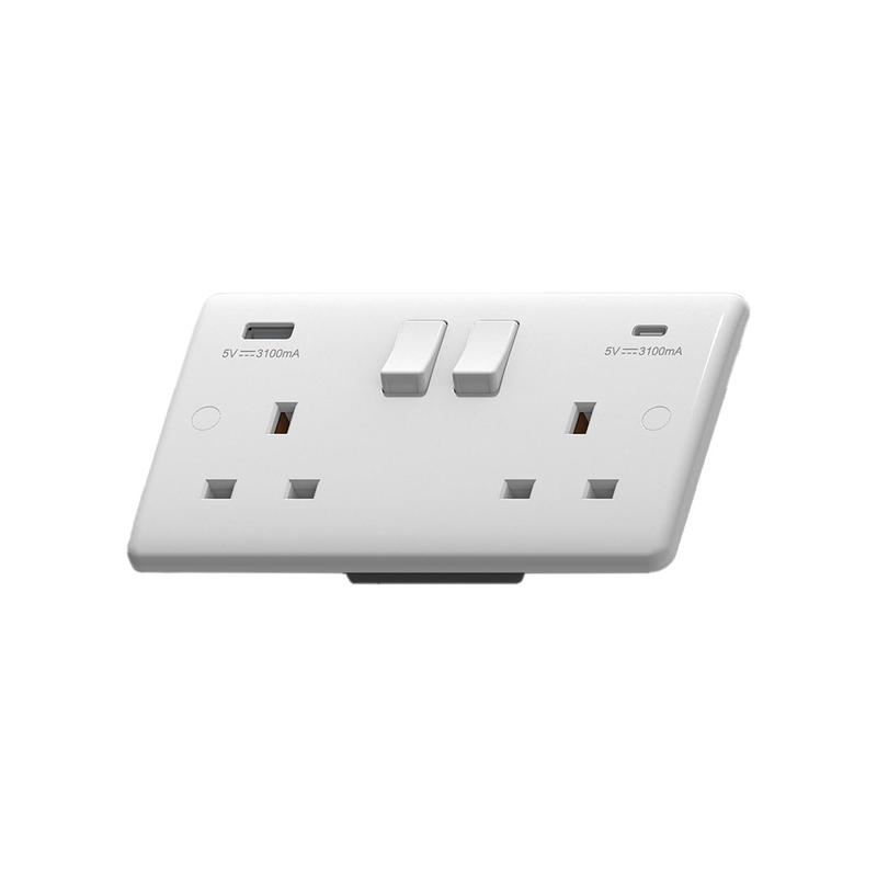 Powerlink accessories 13a sp 2-gang switched socket with dual USB charger type-a & Type-C white, , medium-null